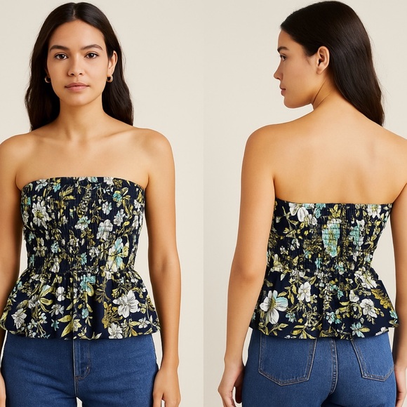 Anthropologie Navy Floral Strapless Top Size Small - Picture 1 of 7